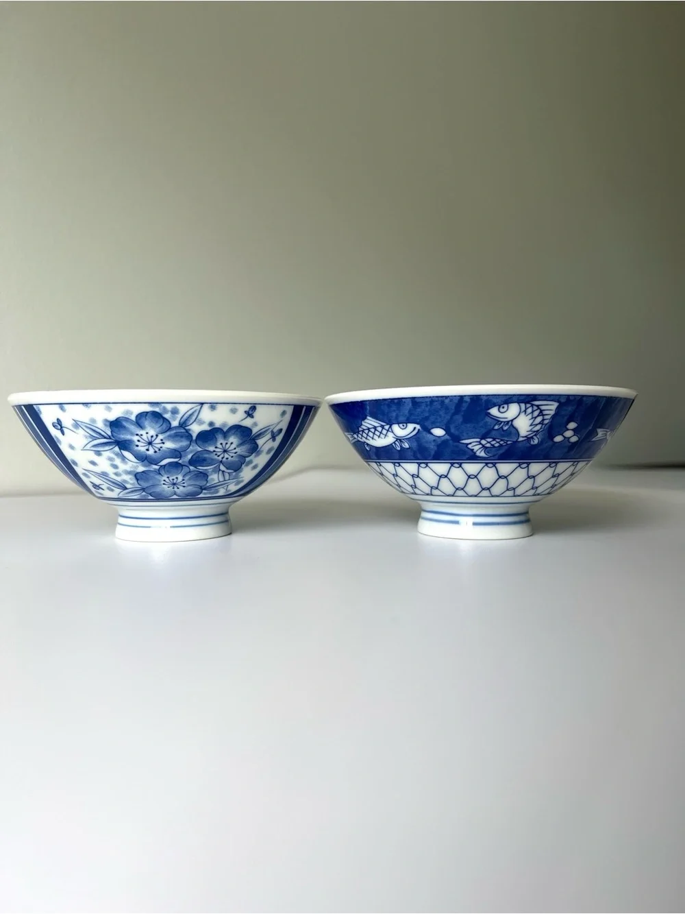 Vintage Pier 1 Blue & White Footed Porcelain Bowls for Rice / Soup, 2pc Set